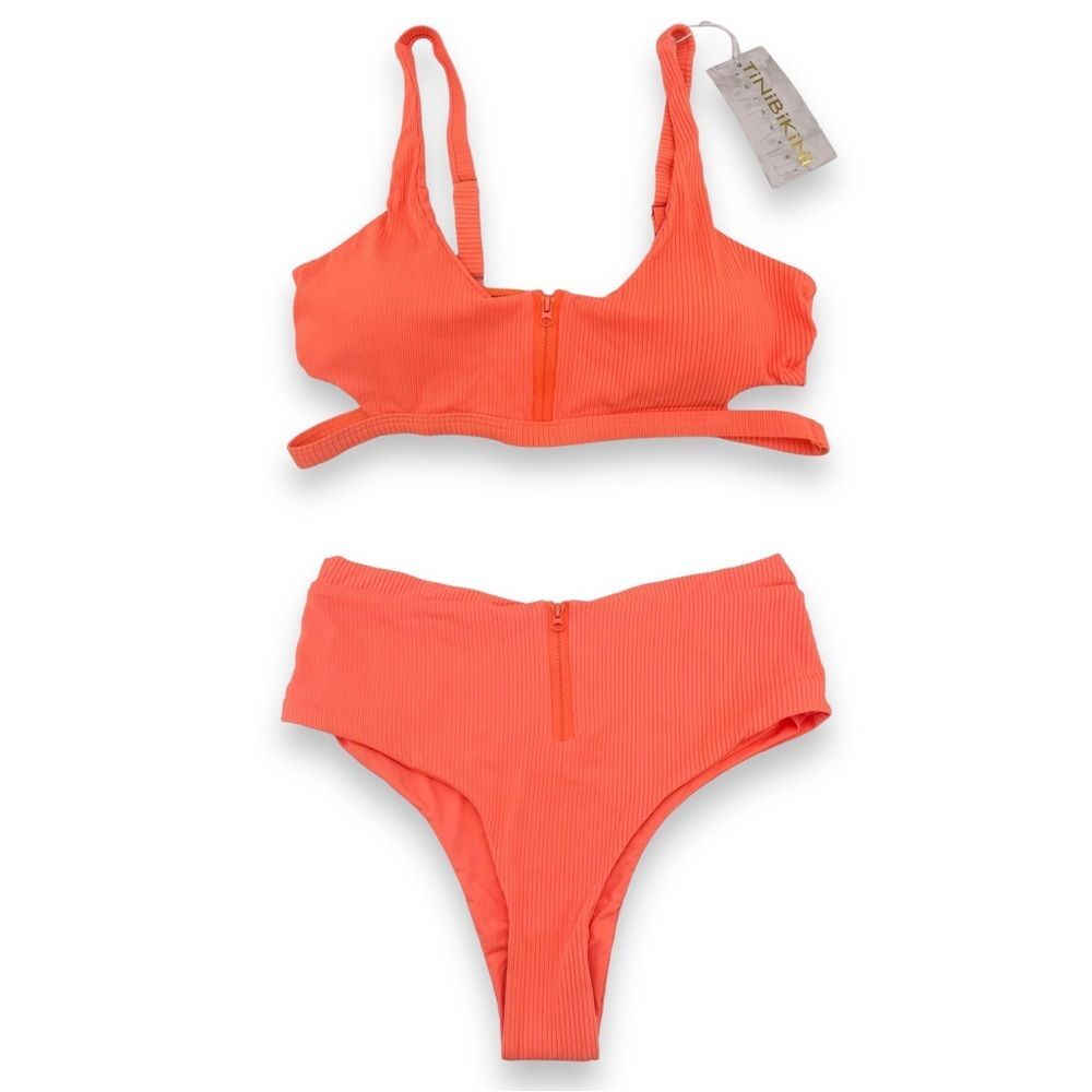NWT TiniBikini Ribbed Two Piece Set Zipper Swimsuit Tangerine Orange Size Medium